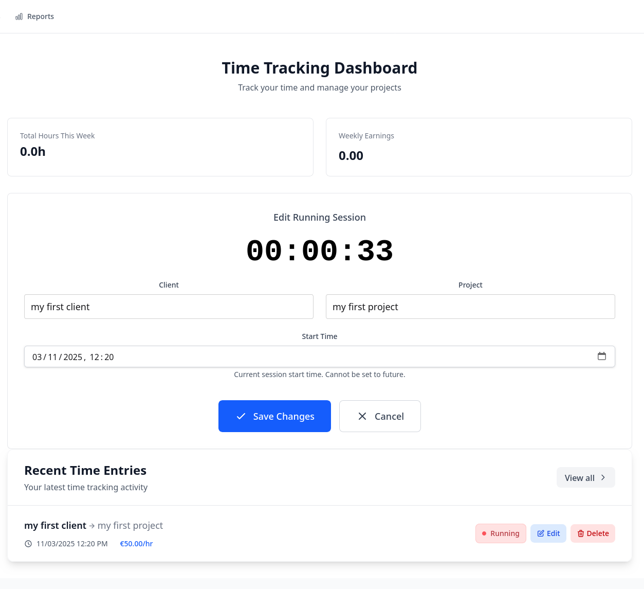 Active timer showing elapsed time and project details